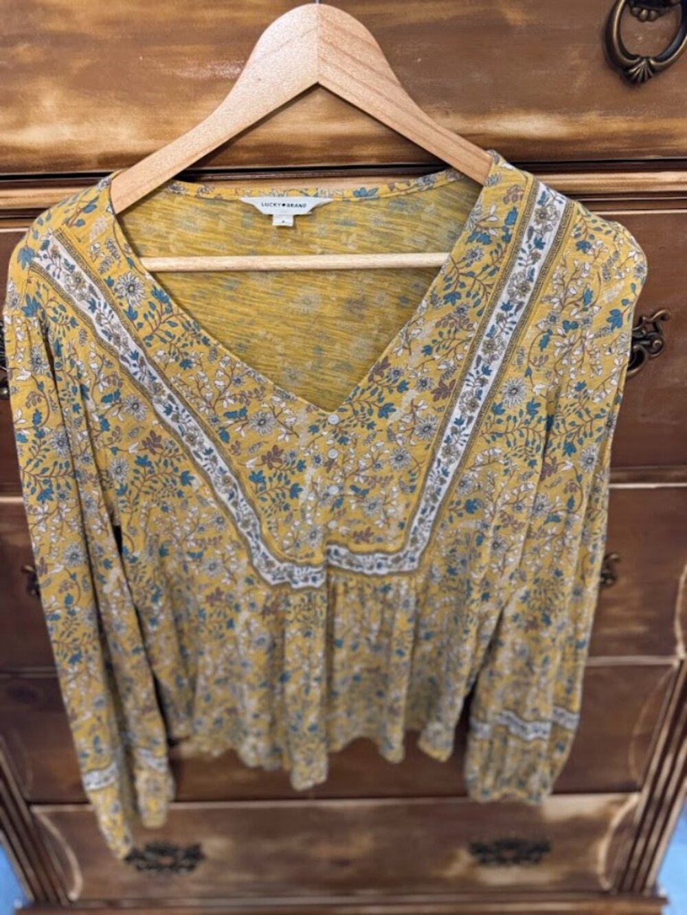 Lucky Brand Mustard Floral Boho‎ Peasant Top Size Small